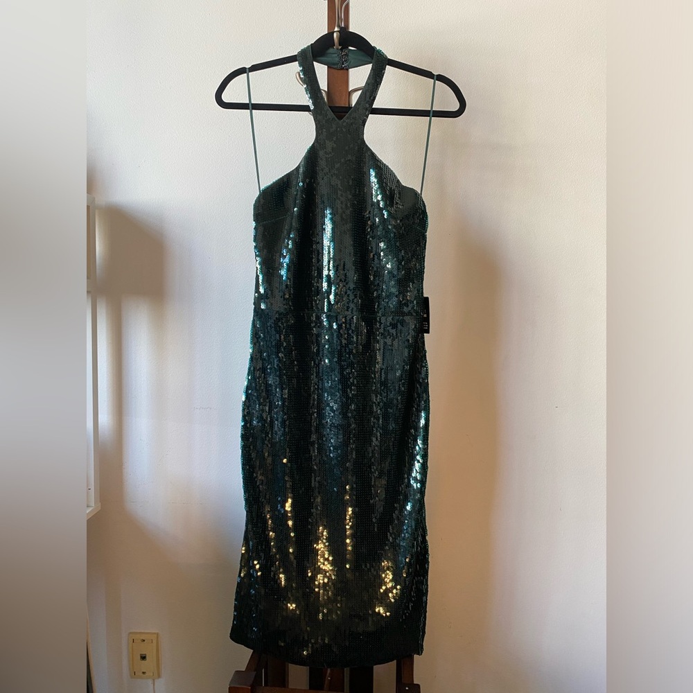 Express Sequin Halter Neck Open Back Midi Sheath Dress